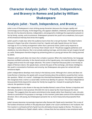 Romeo and Juliet – William Shakespeare – Character Analysis: Juliet