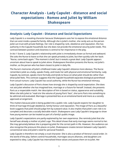 Romeo and Juliet – William Shakespeare – Character Analysis: Lady Capulet