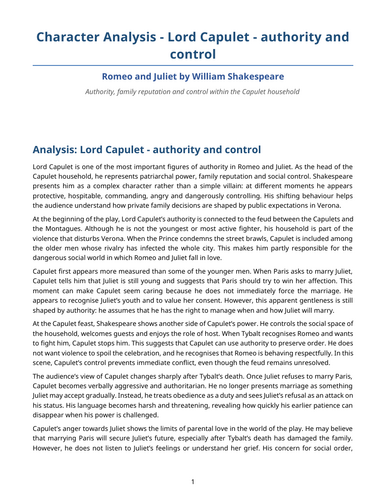 Romeo and Juliet – William Shakespeare – Character Analysis: Lord Capulet