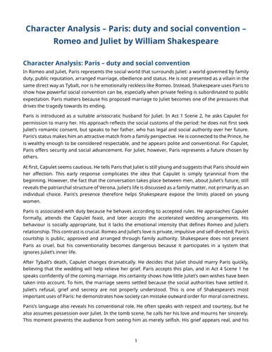 Romeo and Juliet – William Shakespeare – Character Analysis: Paris