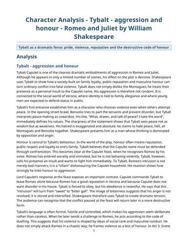 Romeo and Juliet – William Shakespeare – Character Analysis: Tybalt