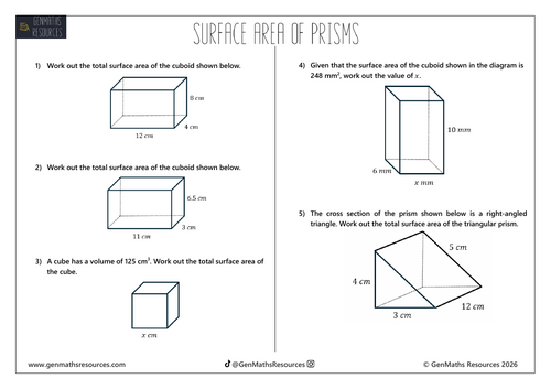 Surface Area of Prisms - Maths GCSE Foundation Worksheet