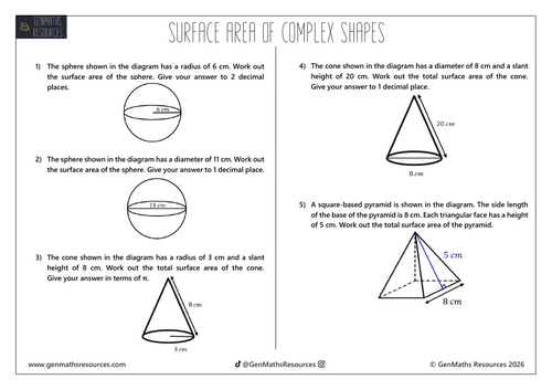 Surface Area of Complex Shapes (Spheres, Cones, Pyramids) - Maths GCSE Worksheet