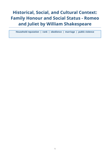 Romeo and Juliet – William Shakespeare – Family Honour and Social Status
