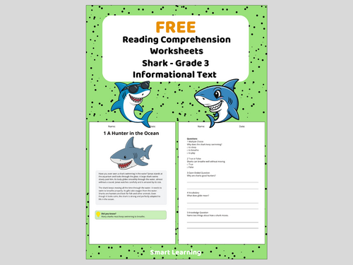 FREE: Reading Comprehension Shark Worksheets - Grade 3 | Informational Texts