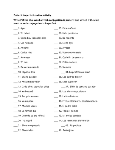 Preterit imperfect review activity (Clue words)