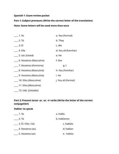 Spanish 1: Exam review packet