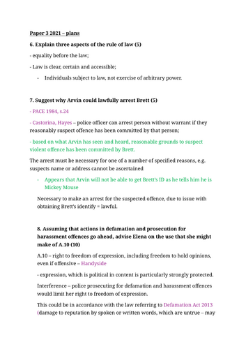 Past paper plans for human rights questions