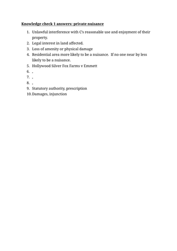 Knowledge checks for tort paper 2 topics