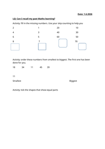 Year 1 Summer PUMA Maths review activity sheet