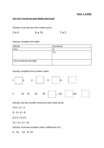 Year 2 Maths PUMA assessment review sheet