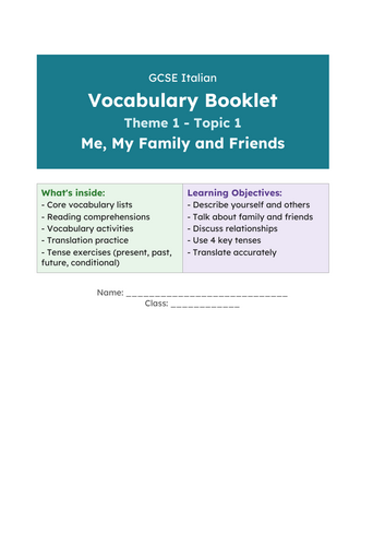 GCSE Italian - Sample Comprehensive booklet Topic 1