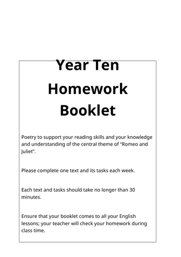 KS4 Unseen Poetry HW booklet "Romeo and Juliet"