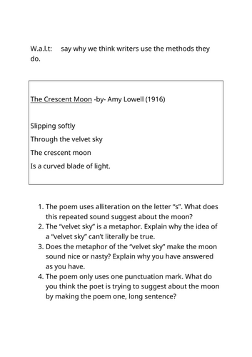 KS2, KS3, poetry CRR, hw, cover "The Crescent Moon" by Amy Lowell with answers