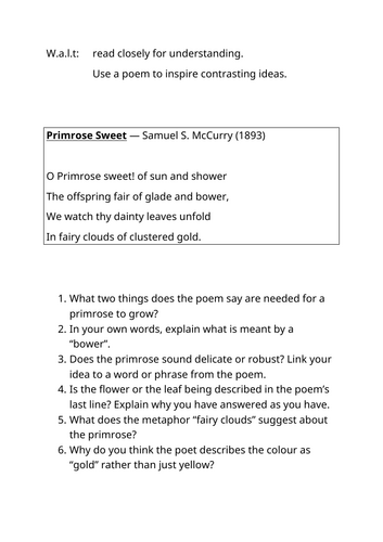 KS2, KS3 poetry "Primrose Sweet" hw, cover, guided reading