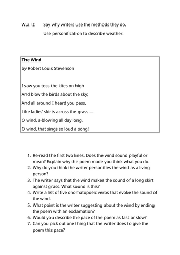 KS2, KS3 poetry, weather, "The Wind" Stevenson, hw, cover, guided reading