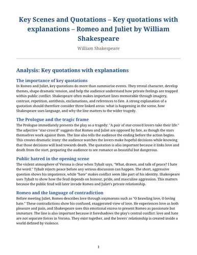 Romeo and Juliet – William Shakespeare – Key Quotations with Explanations