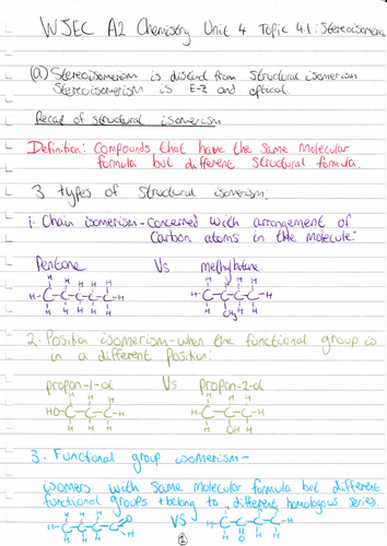 WJEC A2 Chemistry Unit 4 topic 4.1: Stereoisomerism notes