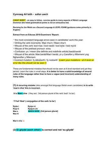 CHEAT SHEET WELSH LANGUAGE (2nd Language) A LEVEL: Grammar Revision