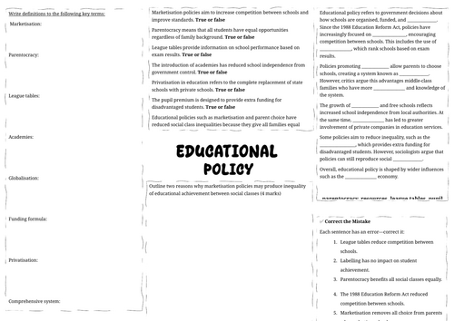 AQA Sociology - Education - Unit 4 - educational policy revision worksheet