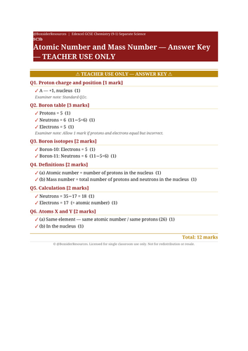 SC3b Atomic Number and Mass Number | Edexcel GCSE Chemistry Topic Mastery Pack