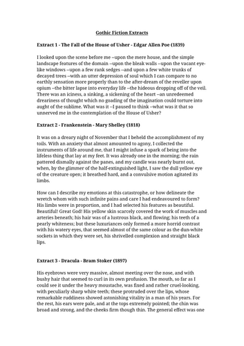 Gothic Fiction Extracts Worksheet