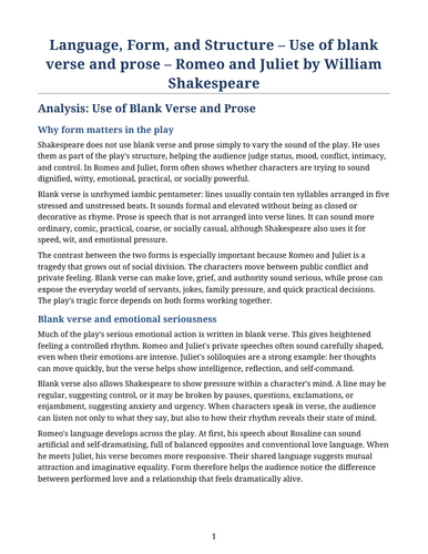 Romeo and Juliet – William Shakespeare – Use of Blank Verse and Prose
