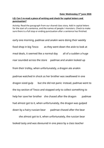 Editing punctuation and grammar story activity year 1/2 - The Day Louis Got Eaten