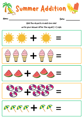 Summer Math Addition Pack (Sums within 20)