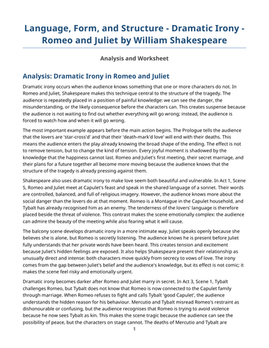 Romeo and Juliet – William Shakespeare – Dramatic Irony