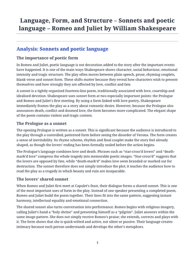 Romeo and Juliet – William Shakespeare – Sonnets and Poetic Language