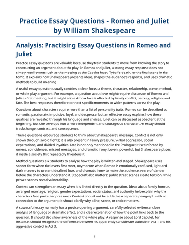 Romeo and Juliet – William Shakespeare – Practice Essay Questions