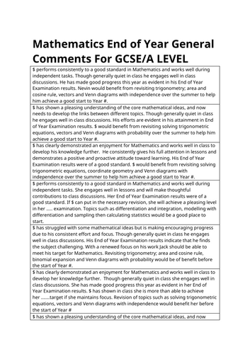 End of year Mathematics comments suitable for GCSE/A Level