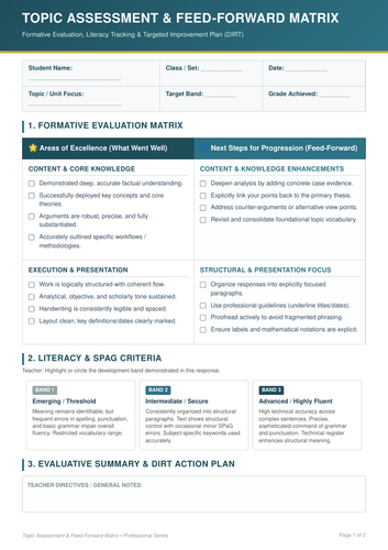 Topic Assessment and Feed Forward Matrix: DIRT Literacy and SPaG Feedback Shee