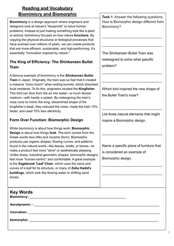 Biomimicry & Biomorphic Design: Reading & Literacy Task (with Animated Slides)