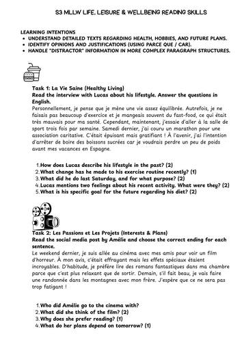 S3 MLLW Life, Leisure & Wellbeing Reading and Writing Skills