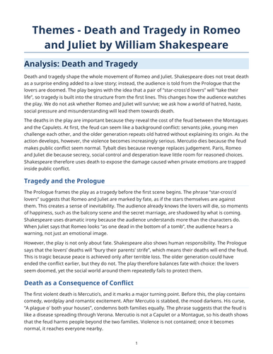 Romeo and Juliet – William Shakespeare – Themes: Death and Tragedy