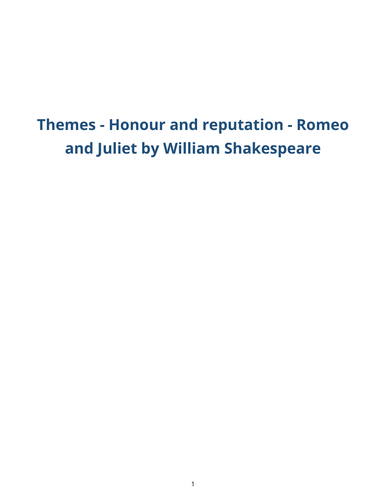 Romeo and Juliet – William Shakespeare – Themes: Honour and Reputation