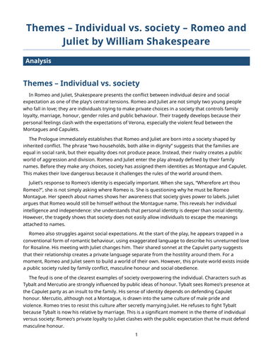 Romeo and Juliet – William Shakespeare – Themes: Individual vs. Society