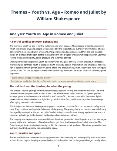 Romeo and Juliet – William Shakespeare – Themes: Youth vs. Age