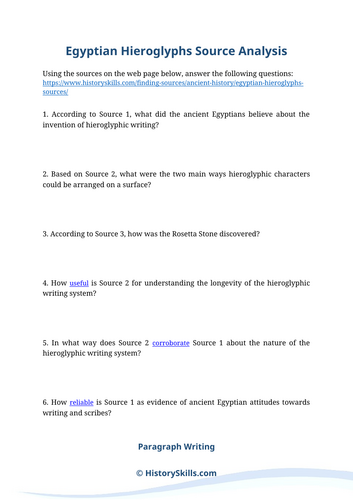 Ancient Egyptian hieroglyphs Source Analysis Worksheet