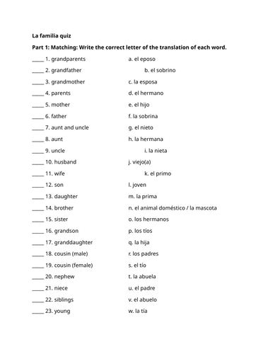 Quiz on family members (Spanish)