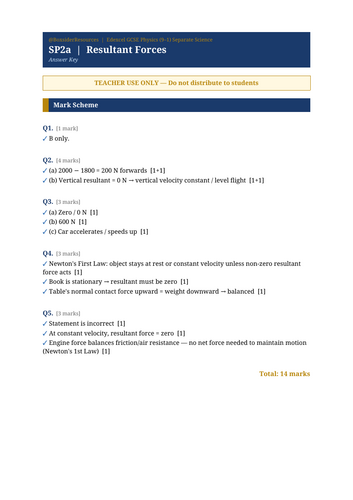 SP2a Resultant Forces | Edexcel GCSE Physics Separate Science Topic Mastery Pack