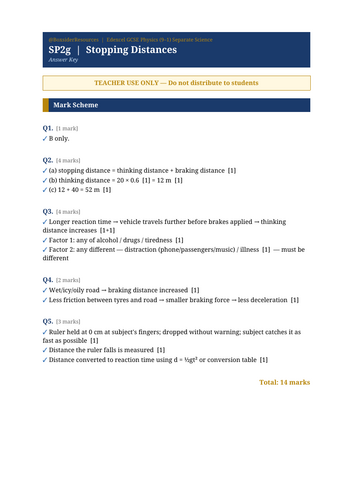SP2g Stopping Distances | Edexcel GCSE Physics Separate Science Topic Mastery Pack