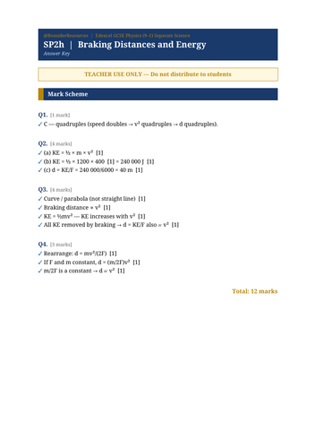 SP2h Braking Distances and Energy | Edexcel GCSE Physics Separate Science Topic Mastery Pack