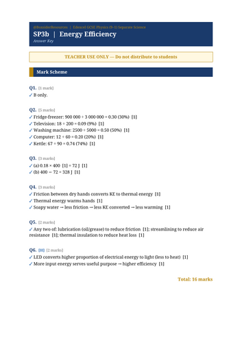 SP3b Energy Efficiency | Edexcel GCSE Physics Separate Science Topic Mastery Pack