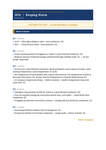 SP3c Keeping Warm | Edexcel GCSE Physics Separate Science Topic Mastery Pack