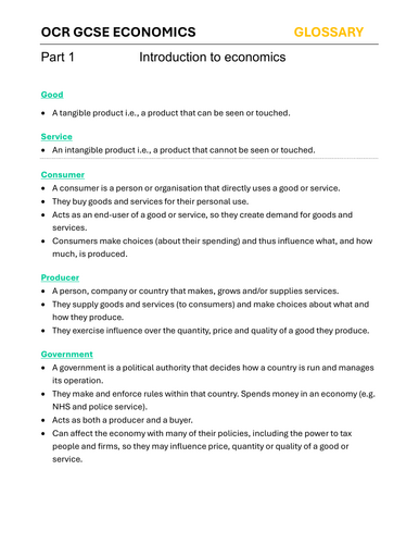 OCR GCSE ECONOMICS J207 Paper 1 exam ultimate glossary