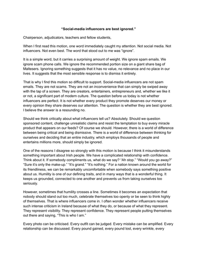Leaving Certificate English Sample Speech  Motion: “Social-media influencers are best ignored.”