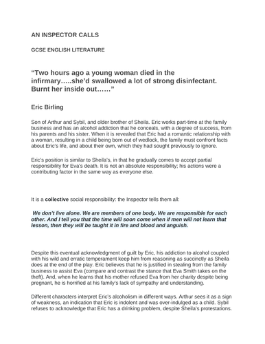 Analysis of the character of Eric Birling "An Inspector Calls" GCSE ENGLISH LITERATURE